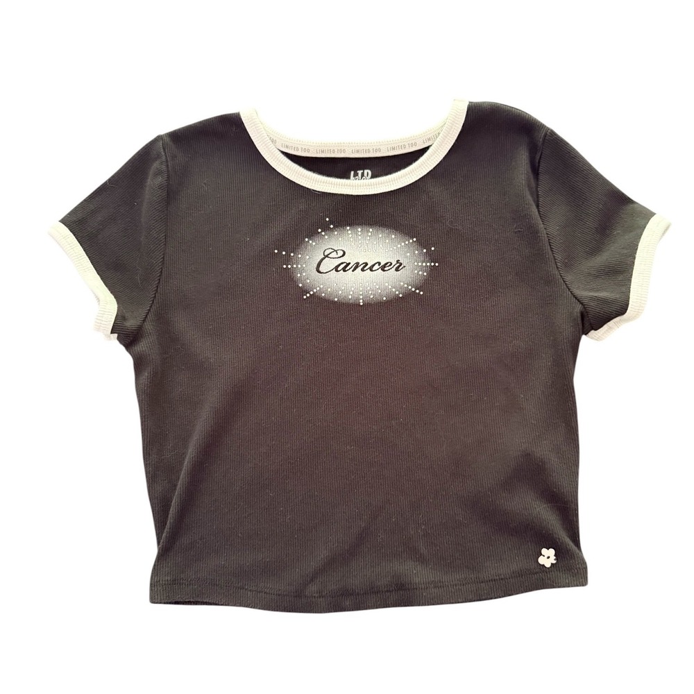 Limited Too Womens Cancer Zodiac‎ Graphic Ringer Baby Tee Black Ribbed Small